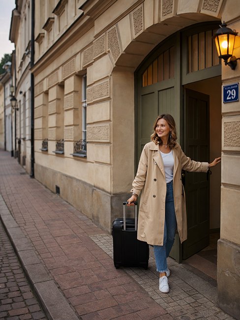 Smiling woman in a beige trench coat pulling a black suitcase and opening a green door on a cobblestone street.